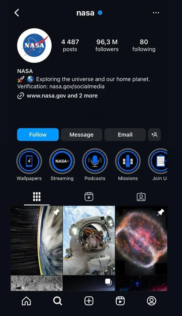 Instagram profile page example (e.g., NASA)