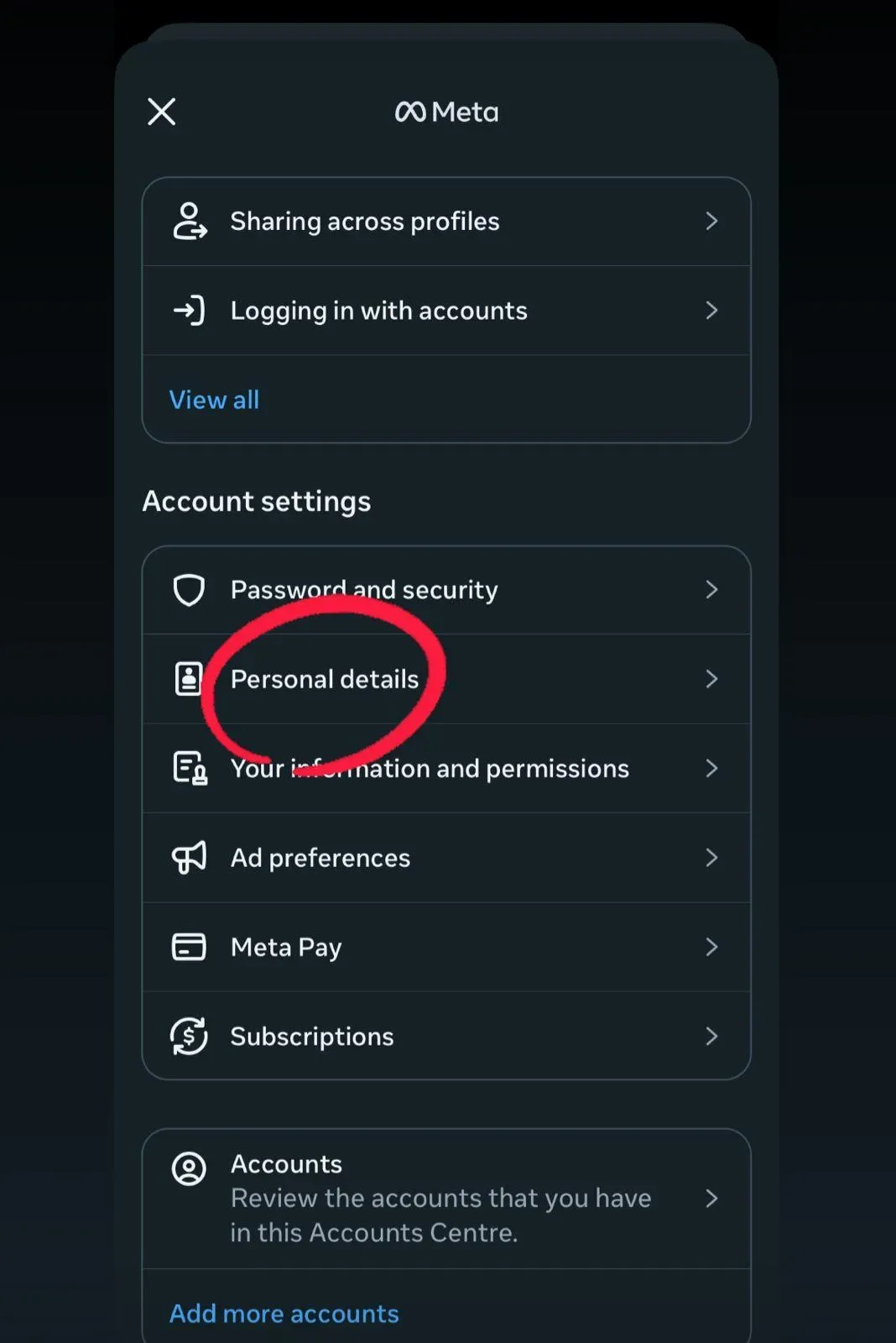 Go to Personal Details in Accounts Center