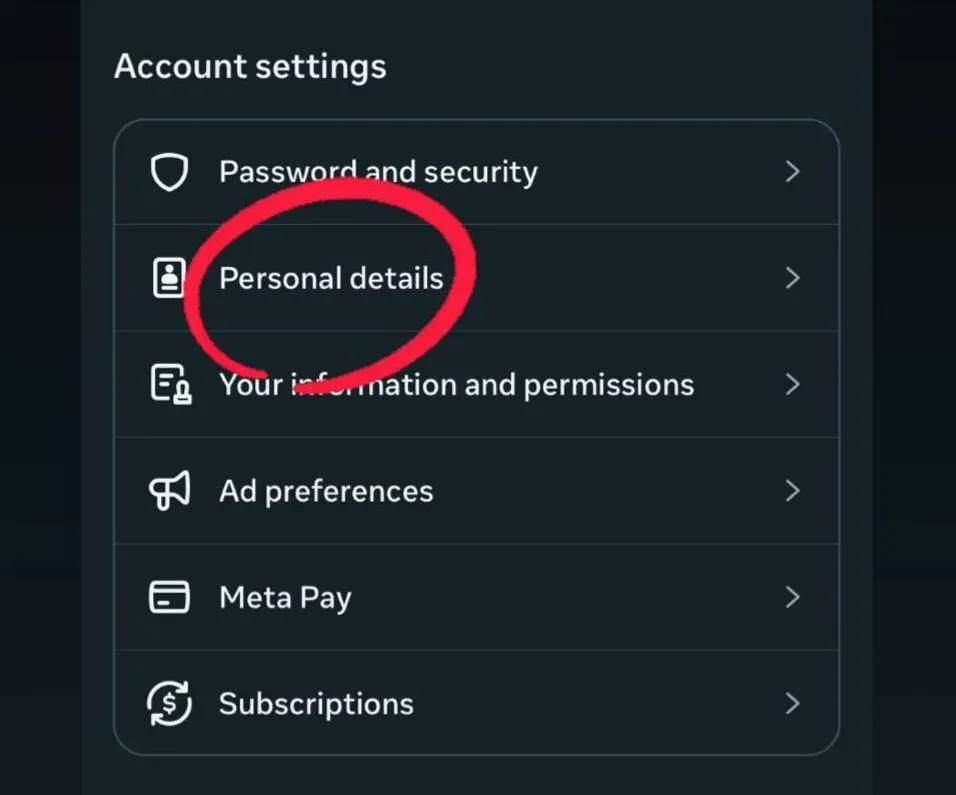 Select Personal Details in Accounts Center