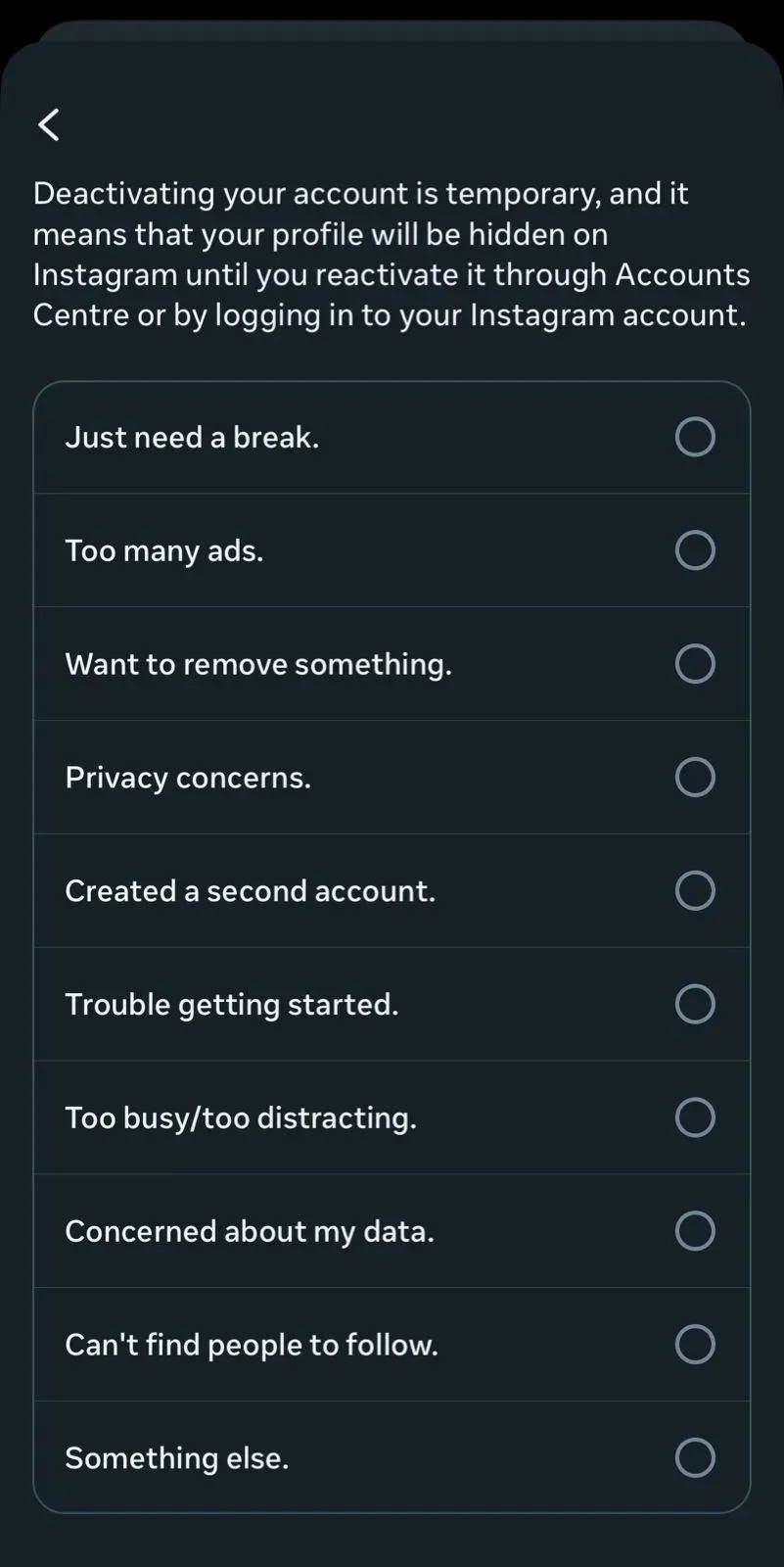 Select a reason to deactivate