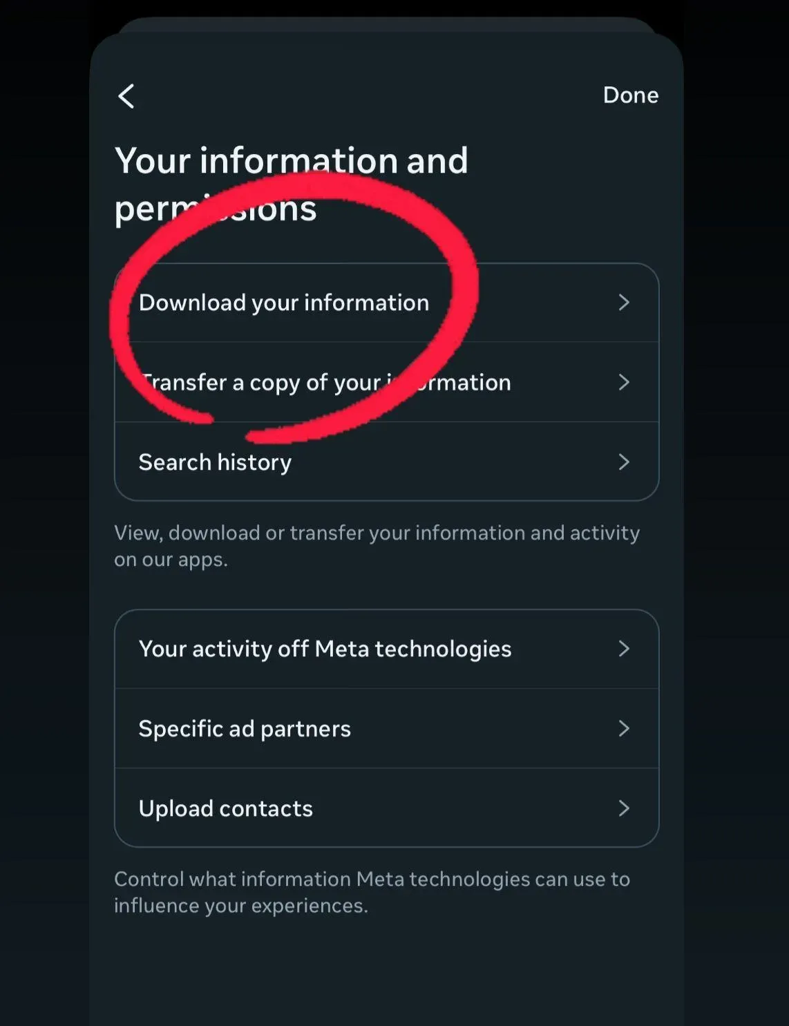 Download your information screen